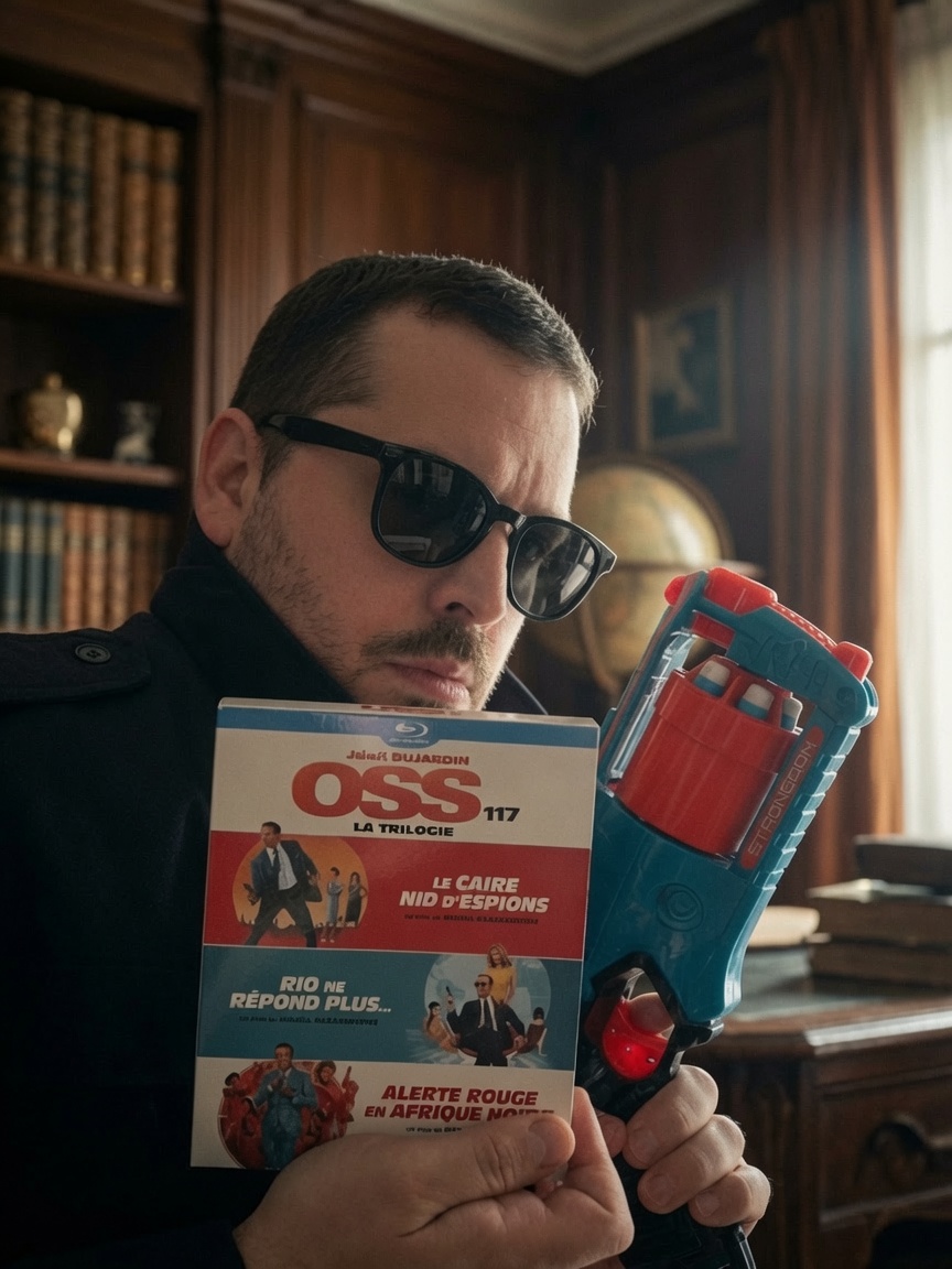 Ritratto in ambientazione da film di spionaggio con il cofanetto OSS 117