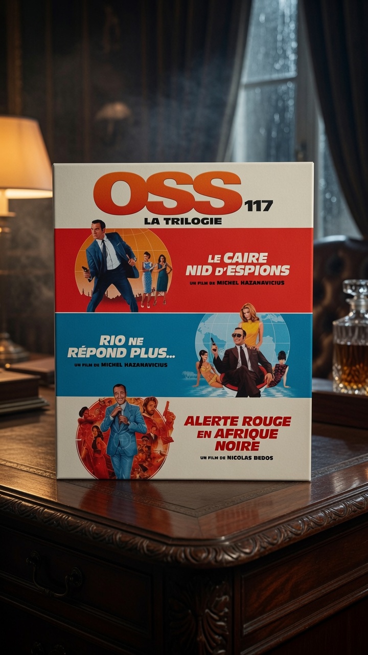 Cofanetto Blu-ray della trilogia OSS 117 in ambientazione da film di spionaggio