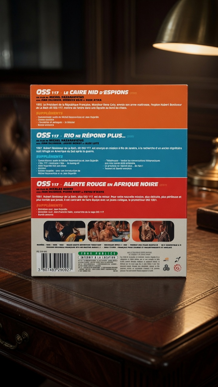 Retro del cofanetto Blu-ray della trilogia OSS 117 in ambientazione da film di spionaggio