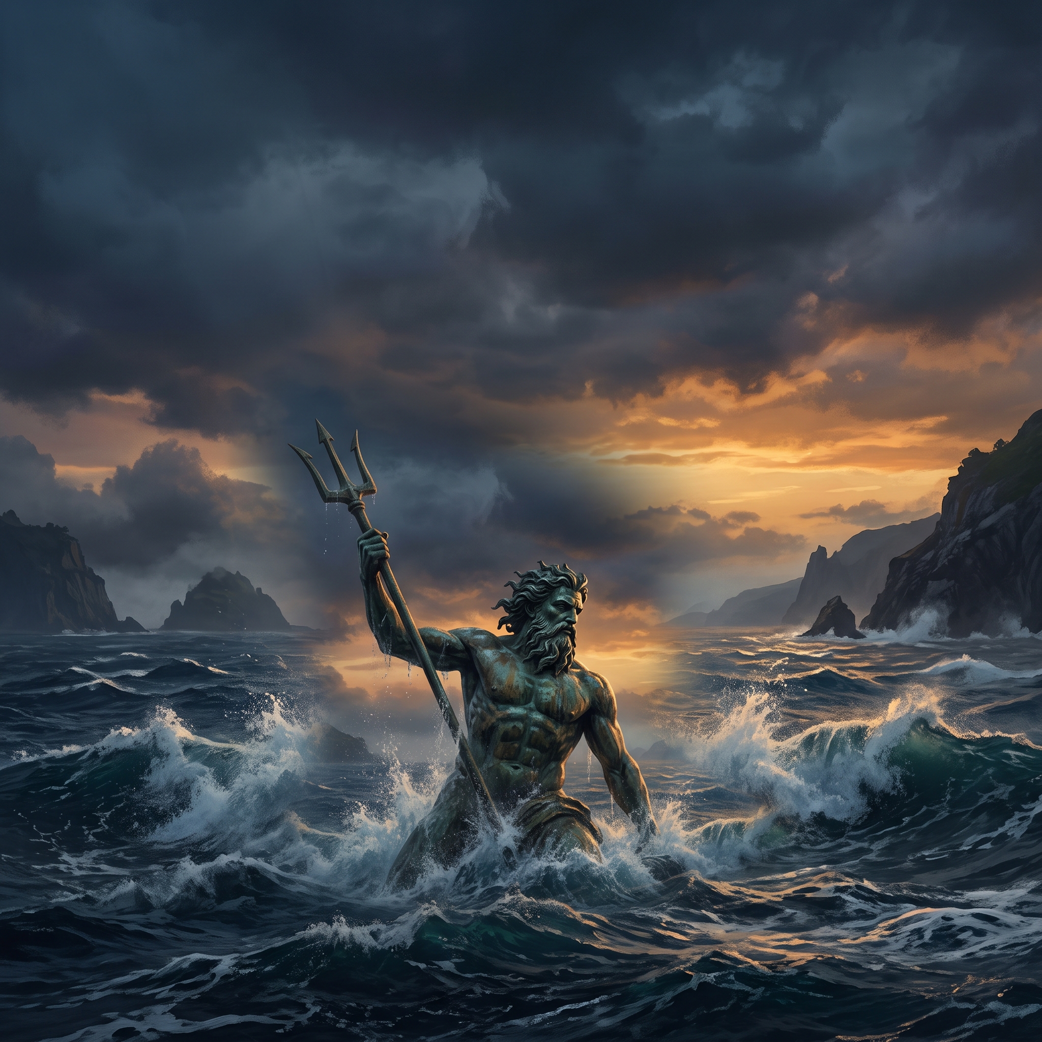 Poseidone che emerge dal mare in tempesta